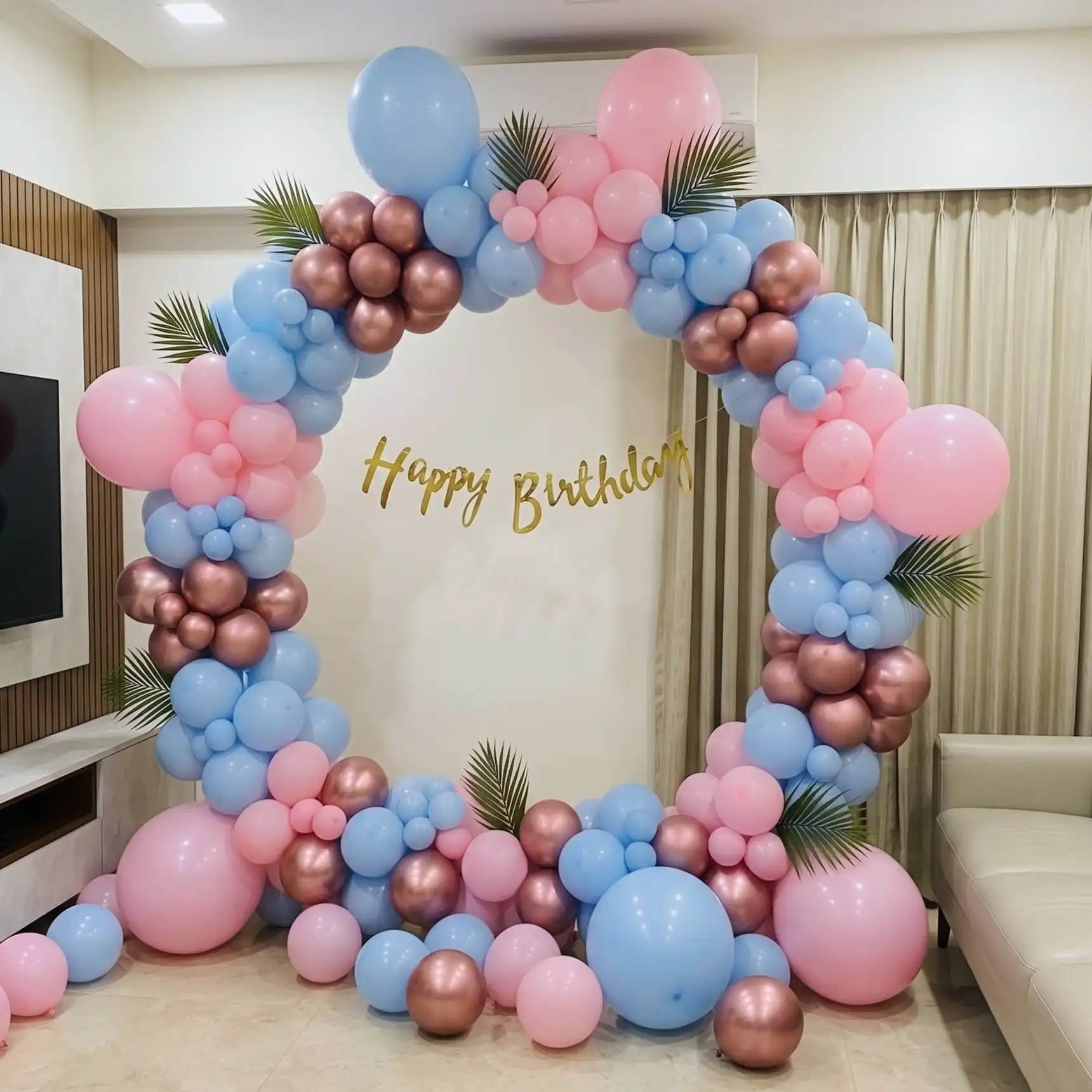 Birthday balloon decoration setup — Pastel Balloon Ring Birthday Arch