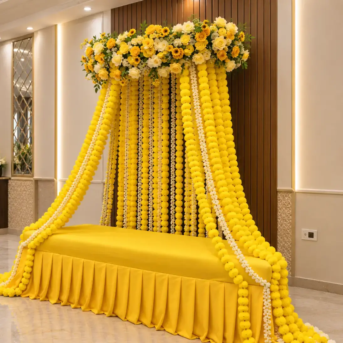 Golden floral ceremony stage — Sunshine Haldi Flower Decoration