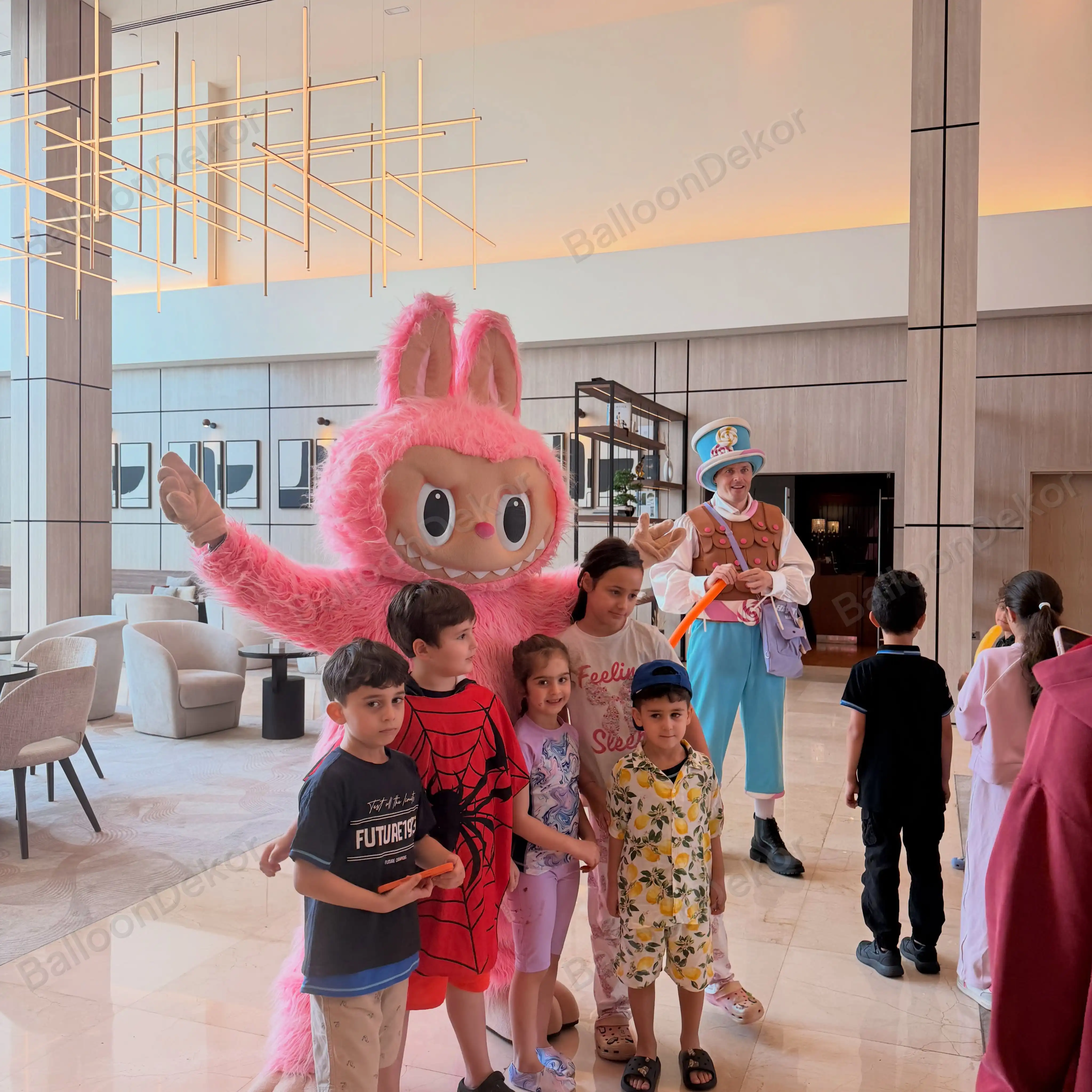 Cartoon mascot character at a kids birthday party in Dubai, booked by the hour at AED 799