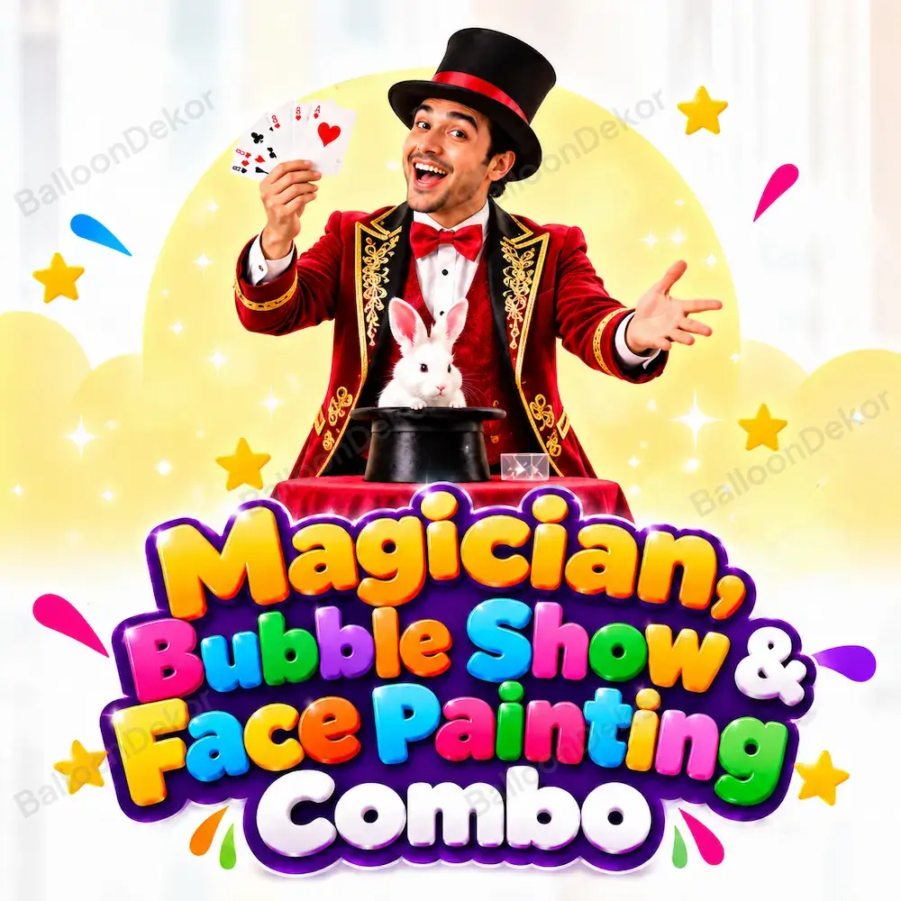 Kids birthday entertainer combo in Dubai with magic show, bubble show, face painting and balloon sculpting