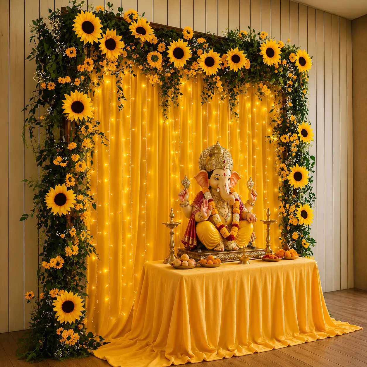 Ganpati Decoration with Sunflower Arch