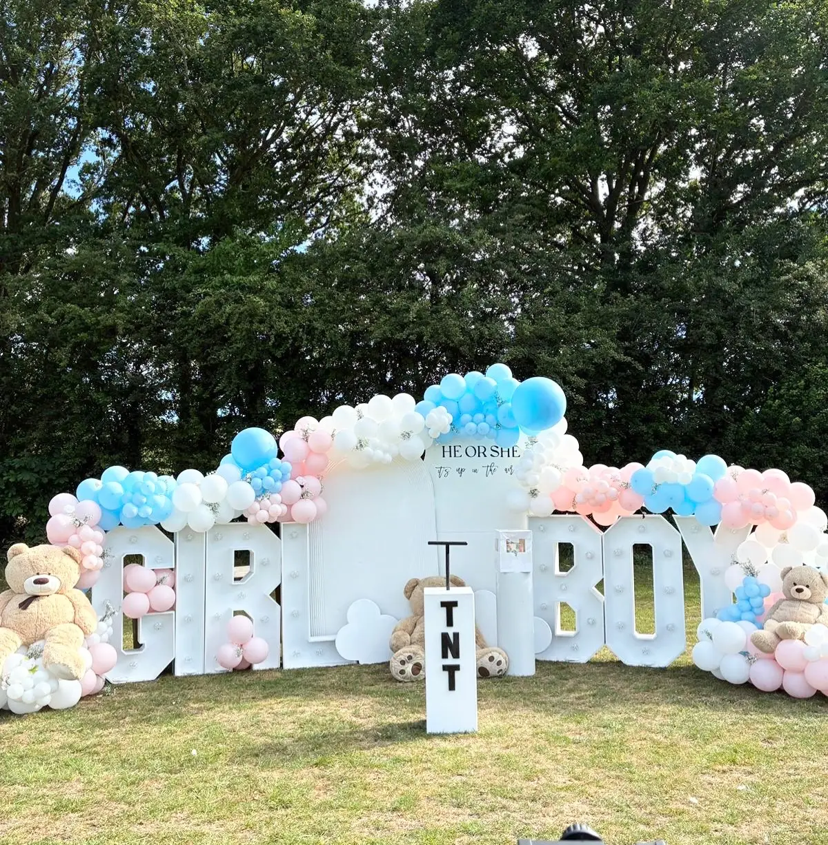 GIRL or BOY marquee letters with a long pink, blue and white balloon garland and teddy bears on a lawn