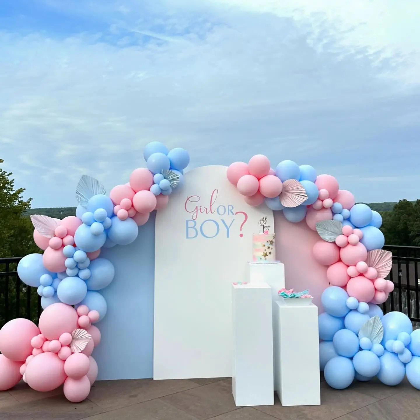 Girl or Boy? arch backdrop wrapped in a pink and blue balloon garland with white plinths and a cake