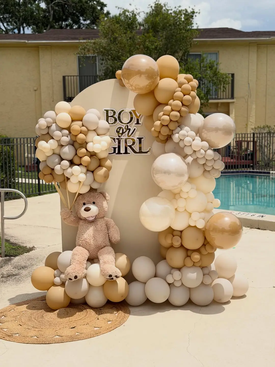 Neutral champagne and beige Boy or Girl gender reveal backdrop with a teddy bear by the pool