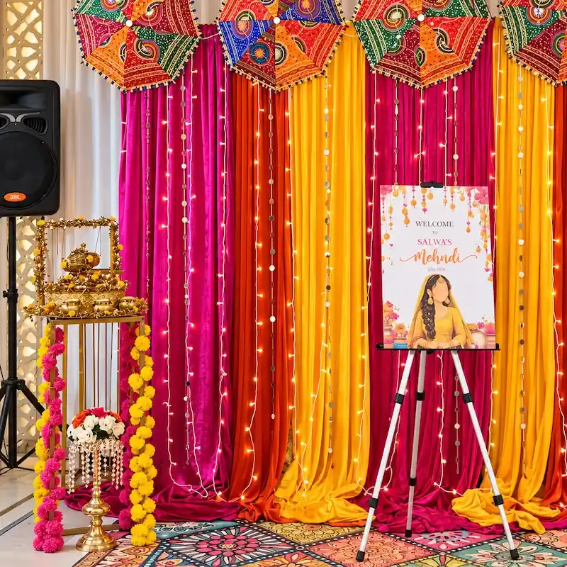 Coloful Cloth Backdrop Mehndi Setup