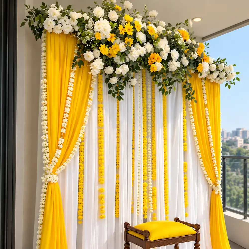Yellow and White Backdrop Decor for Haldi