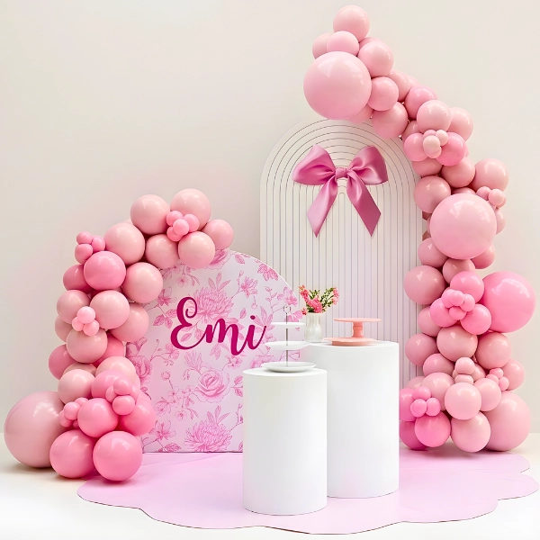 Luxury Pink Balloon Arch Baby Shower Backdrop with Floral Name Sign & Cake Stands